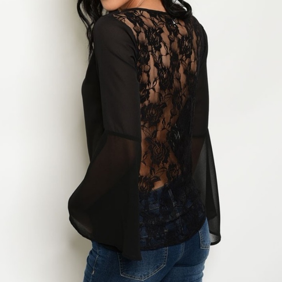 Floral Sheer Black Lace Back Bead Embellish Chiffon Bell Sleeve High Low Top - Picture 3 of 6